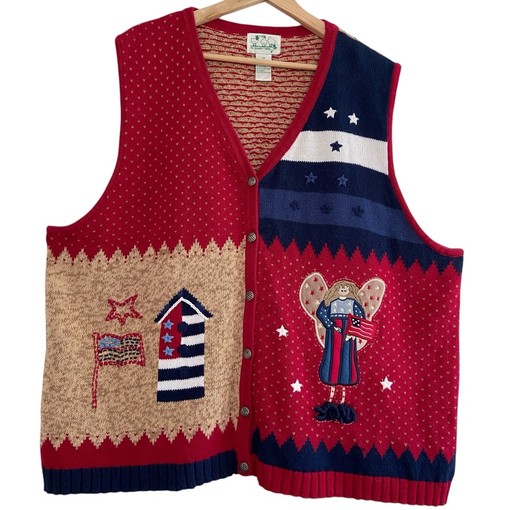 VTG Quacker Factory Sweater Vest Patriotic Americana Red White Blue Folk Art 3X